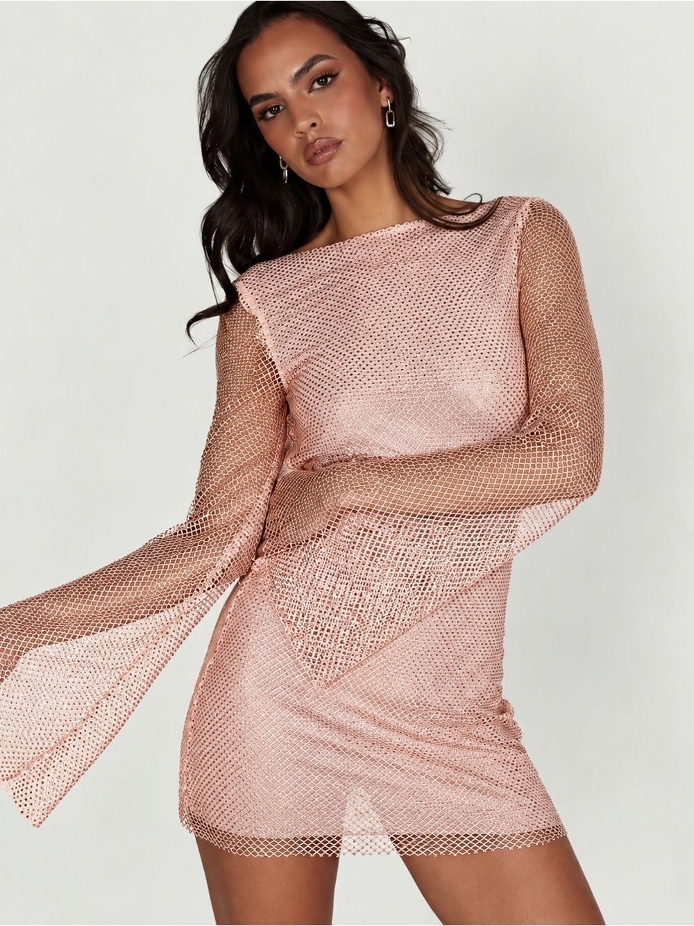 MESHKI Samira Flare Sleeve Rose Metallic Mesh Mini Dress Size Large